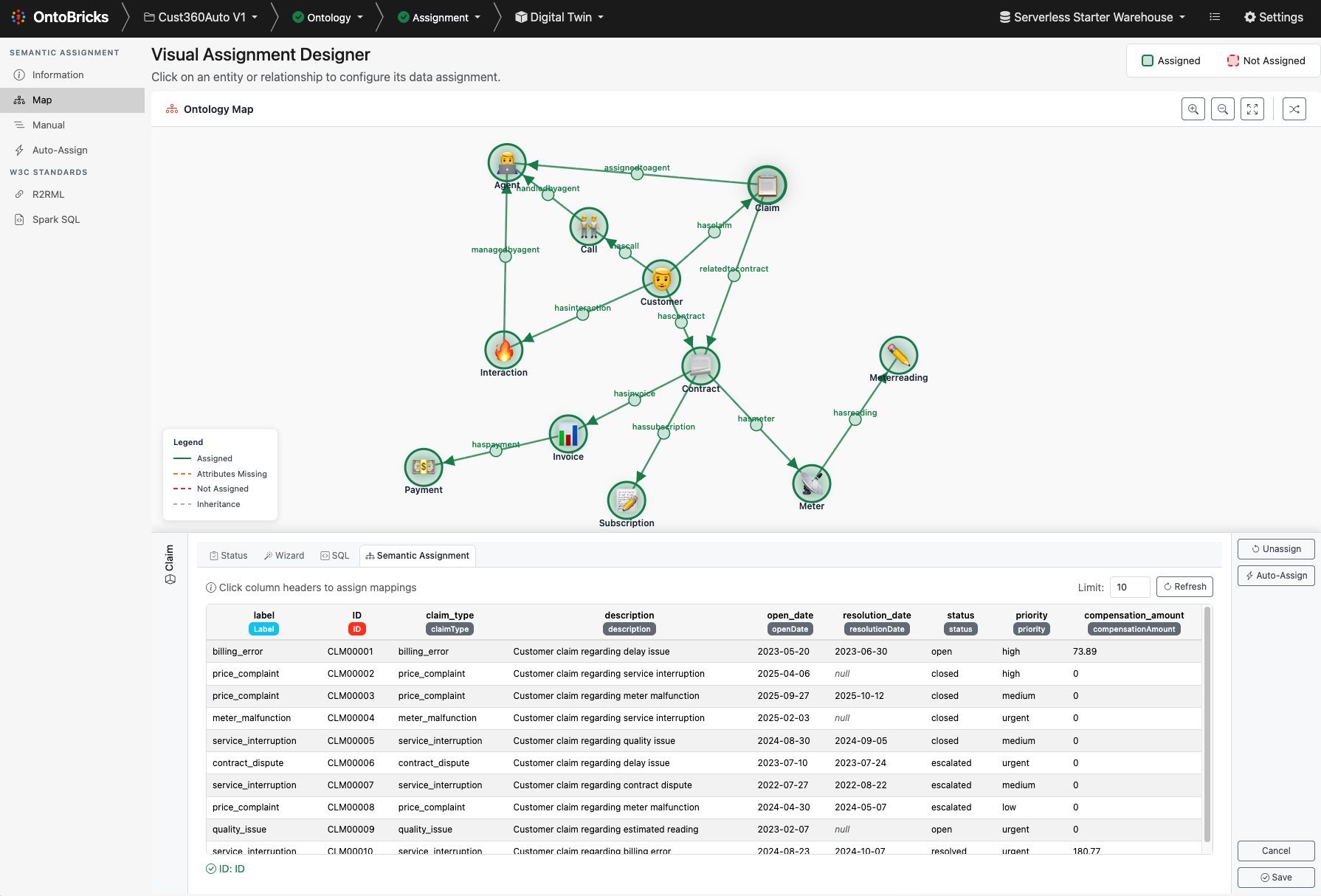 OntoBricks semantic mapping view binding ontology entities to Databricks tables with SQL and column assignment